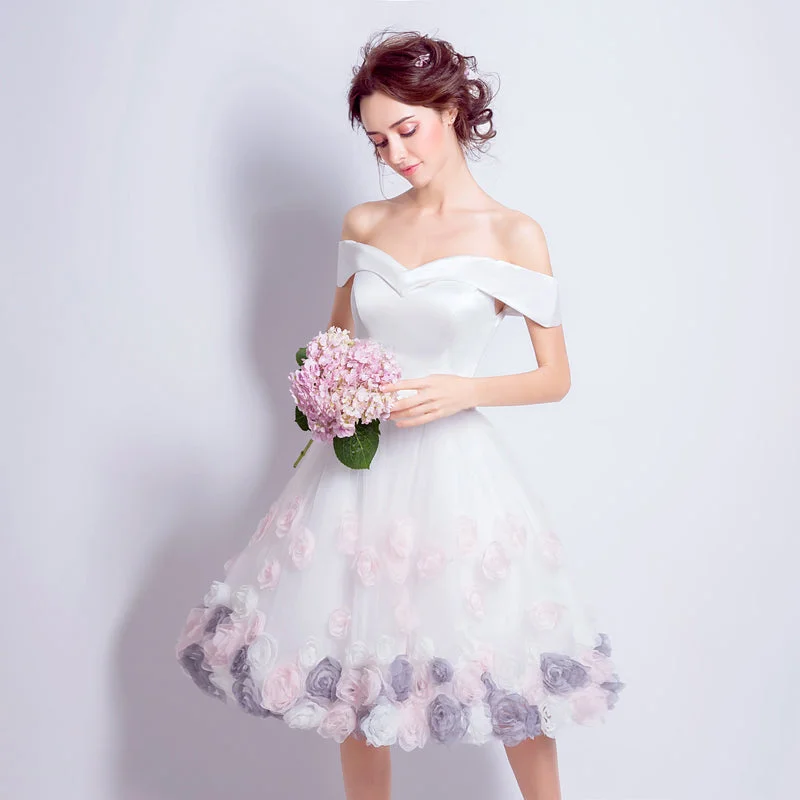 prom dresses for pear shapesWhite satin tulle short prom dress white homecoming dress  8898