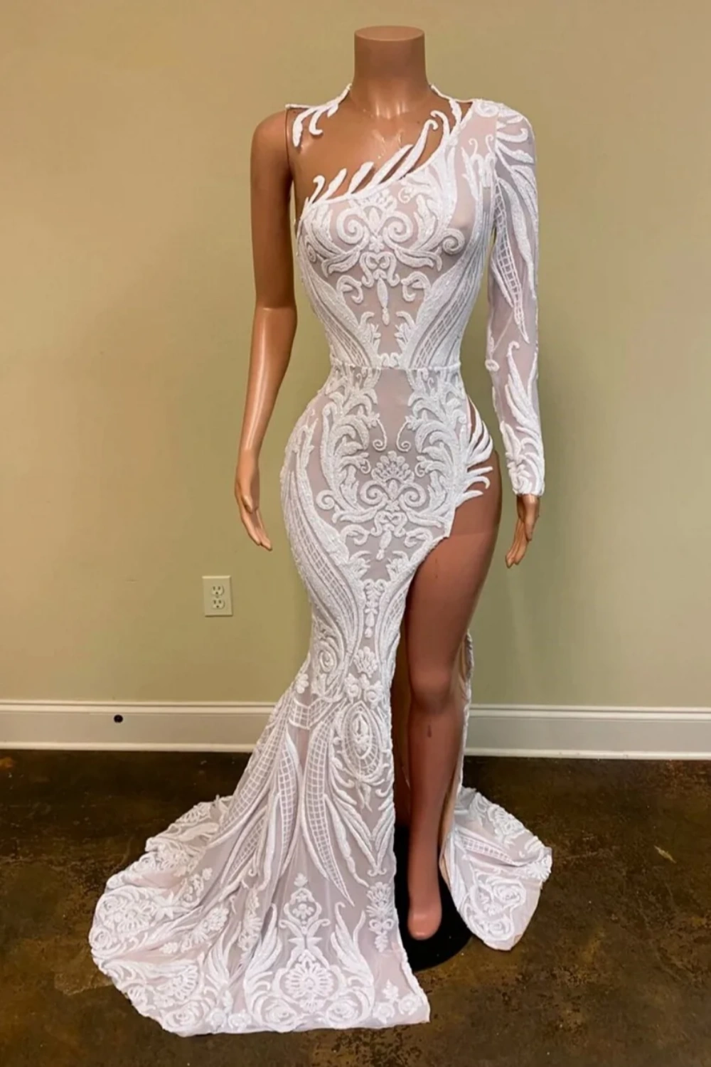 vintage prom dressesWhite One-Shoulder Long Sleeves Prom Dress Mermaid Sequins Lace With Split gh792