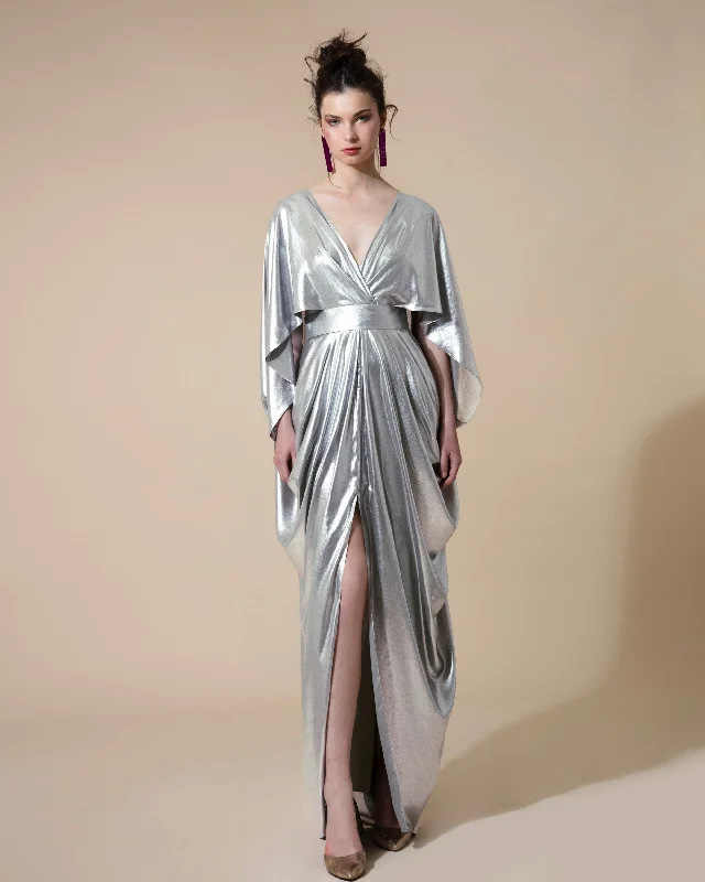 maxi dresses for college studentsCape-Like Long Draped Silver Dress