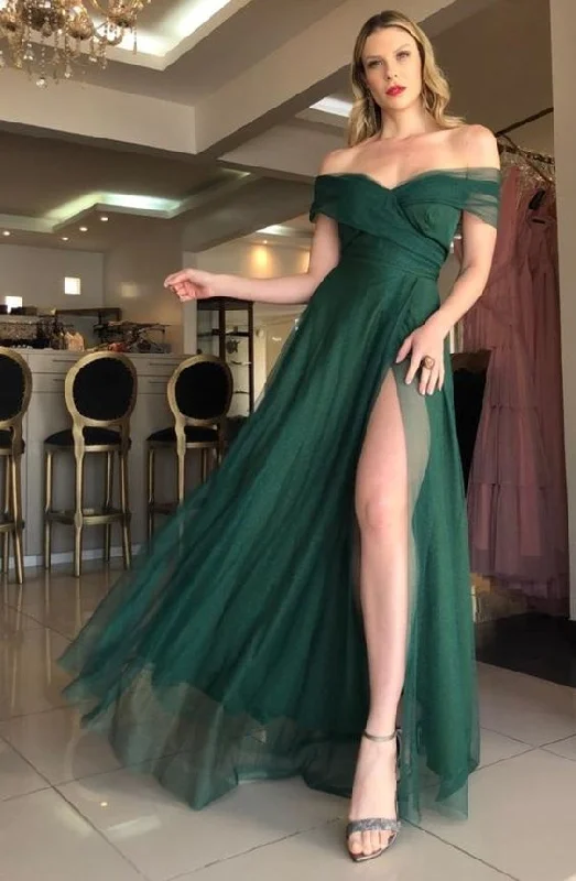 short prom dressesOff the\shoulder green tulle a line prom dress with slit gh2750