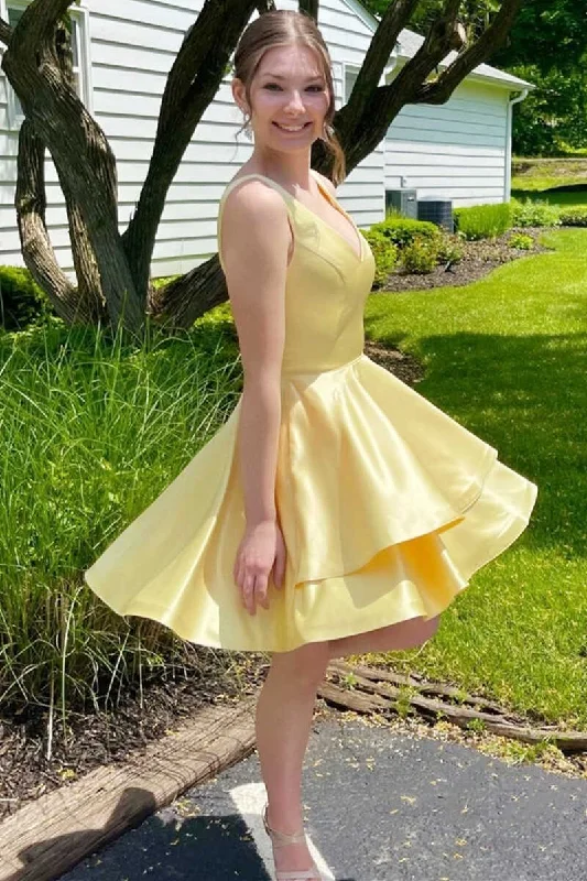 handmade party dressesA-Line Yellow V-Neck Short Homecoming Dress  gh1363