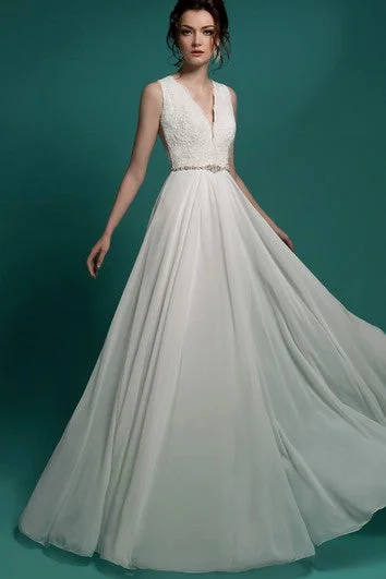 Sleeveless Dress With Sleeves (convertible)A-Line Floor-Length V-Neck Sleeveless Illusion Chiffon Dress With Beading And Lace Appliques