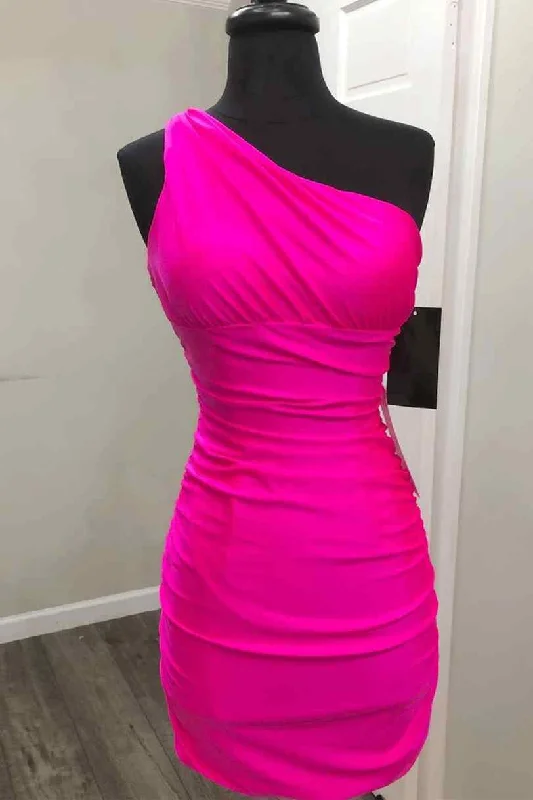 silk party dressesOne Shoulder Hot Pink Tight Homecoming Dress gh1201