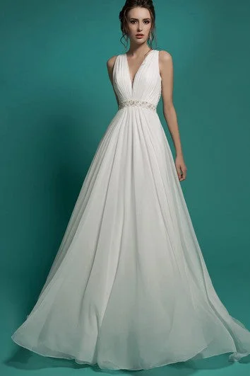 Sleeveless Dress With BeltA-Line Floor-Length V-Neck Sleeveless Empire Illusion Chiffon Dress With Beading And Ruching