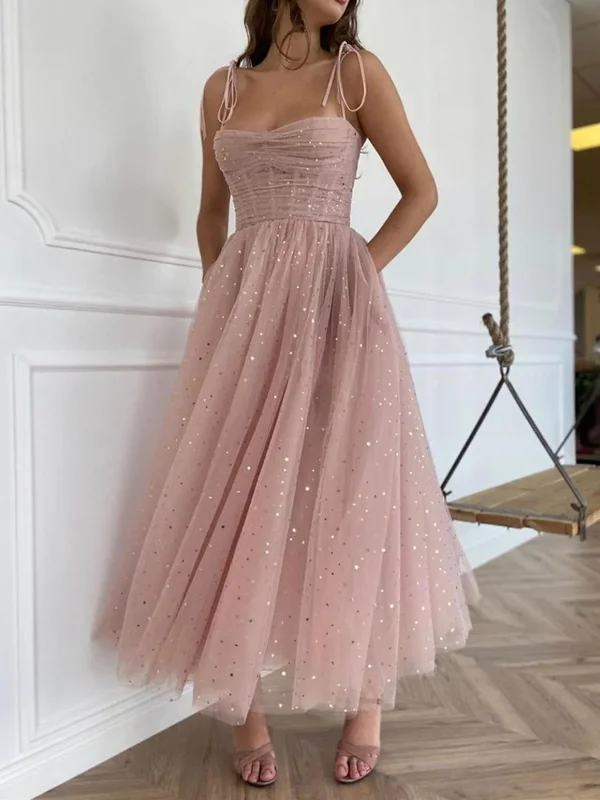 prom dress style guidesSpaghetti Straps Tea Length Pink Prom Dresses, Tea Length Pink Tulle Formal Homecoming Dresses gh1772