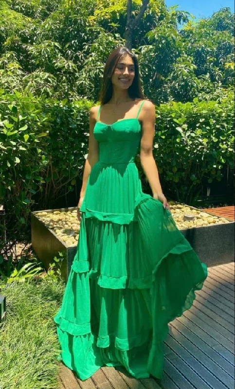 prom dresses for curve-hugging figuresGreen Spaghetti Straps Long Prom Dress,A-line Green Formal Gown gh2859