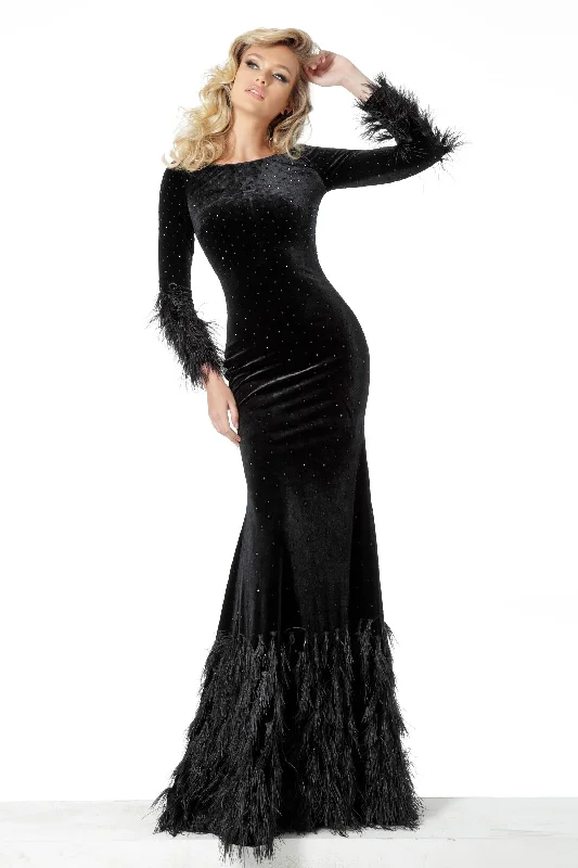 Fitted Long Sleeves DressJovani - 1085SC Feather-Fringed Long Sleeve Velvet Trumpet Dress