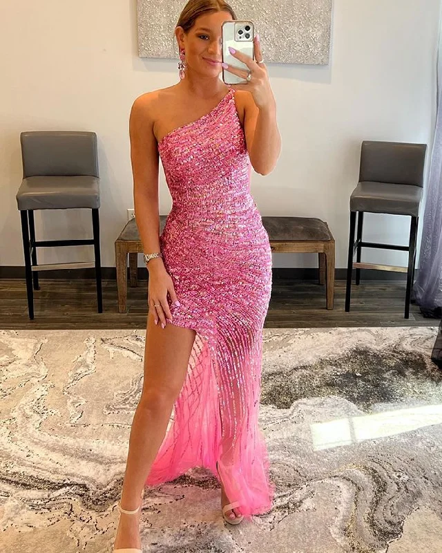 two-piece prom dressesStripe Sequin Blushing Pink One Shoulder Prom Dress with Side Slit gh2501