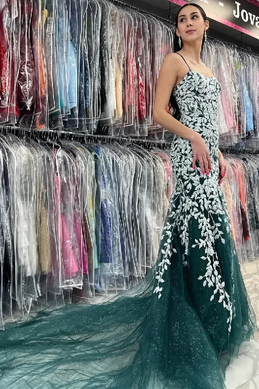 animal print prom dressesMermaid Spaghetti Straps Lace Tulle Prom Dress gh2690