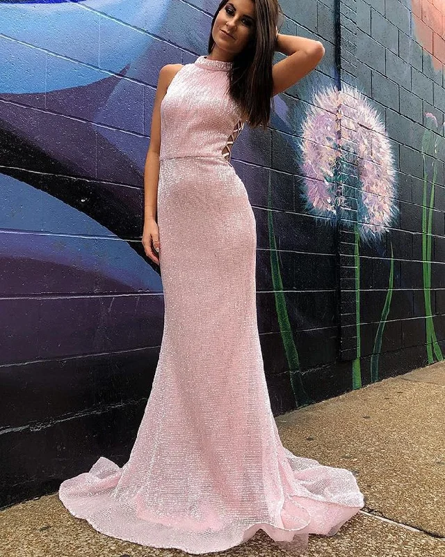 maxi prom dressesHigh Neck Metallic Sequin Pink Mermaid Long Prom Dress gh2503