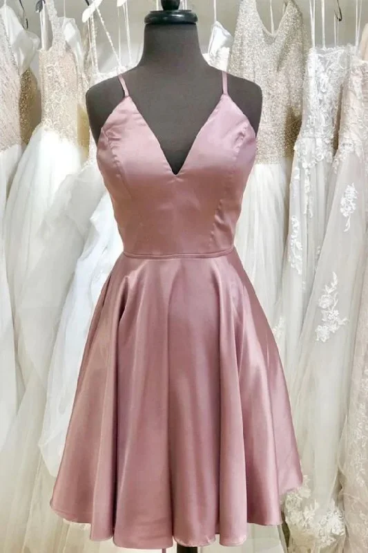 plus-size friendly party dressesSimple Straps Rose Gold Homecoming Dress with Lace Up Back gh894