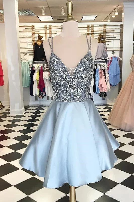 high-low party dressesBackless Spaghetti Straps Rhinestone Short Homecoming Dress gh1738