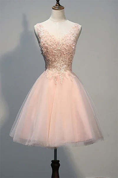 leather party dressesBlush Pink Lace Beaded Backless V-neck Sweet 16 Cocktail Dress Homecoming Dresses gh887