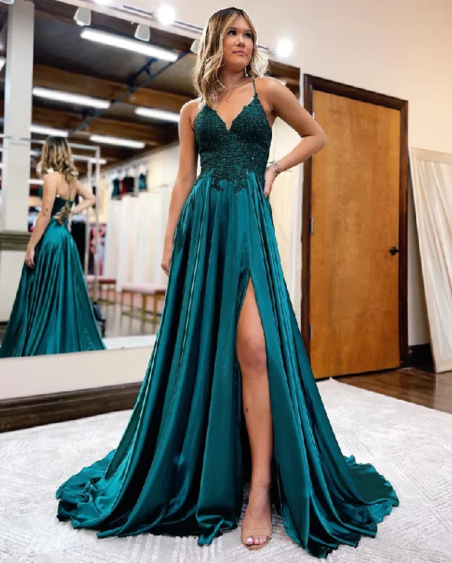 prom dresses with pocketsA-line Spaghetti Straps Corset Back Prom Dress With Split gh2670