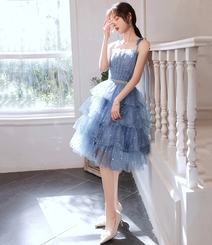 silk prom dressesBlue tulle off shoulder prom dress homecoming dress  8896