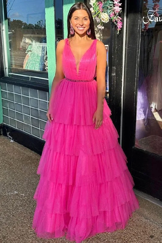 prom dresses with illusion panelsV-Neck Beaded Waist Tulle Long Prom Dress gh2839