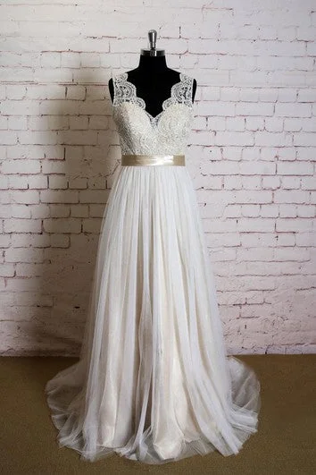 Sleeveless Dress With Long SkirtSleeveless Queen Anne Neck A-Line Tulle Dress With Satin Sash