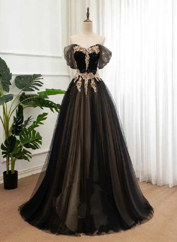 sequined prom dressesBlack And Champagne Off Shoulder Long Formal Dress, A-line Prom Dress gh2758