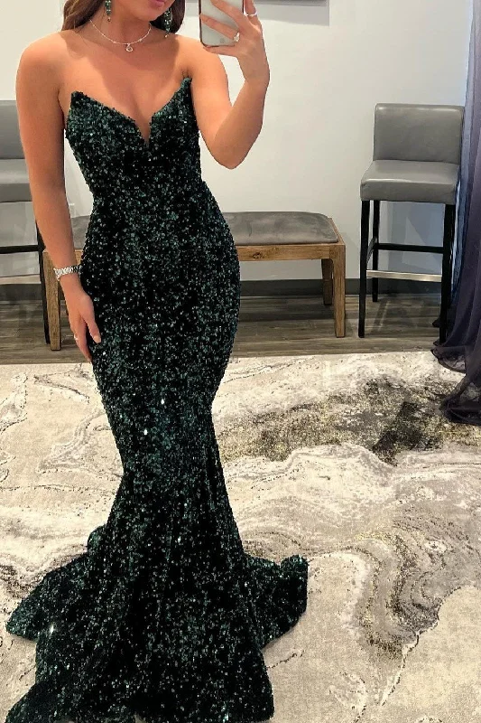 prom dresses with pocketsDark Green V-Neck Long Mermaid Prom Dress With Sequins gh782