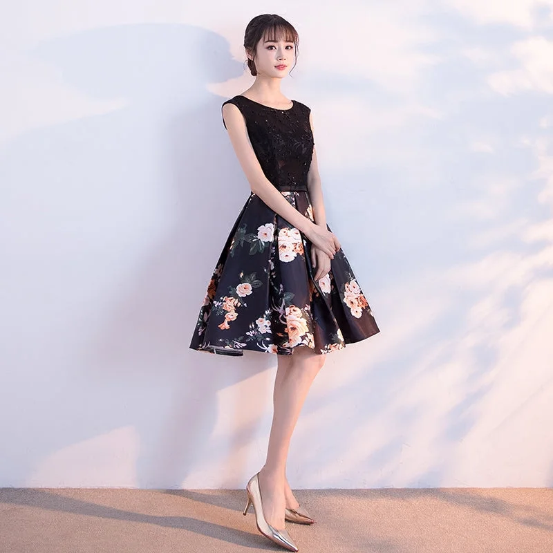 sparkly prom dressesBlack round neck floral pattern short prom dress, homecoming dress  7853