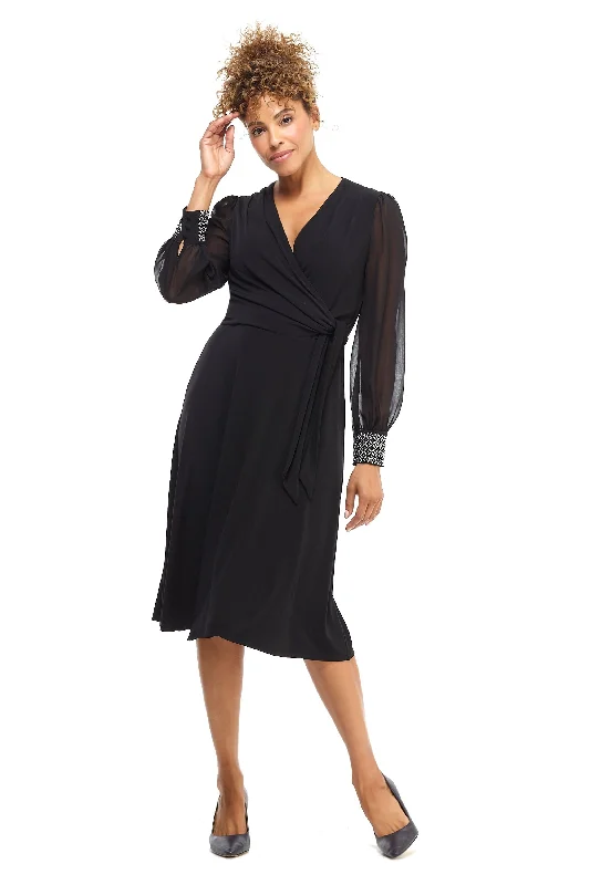 Fitted Silk Long Sleeves DressLondon Times - Faux Wrap Long Sleeves A-Line Dress T4547MSC