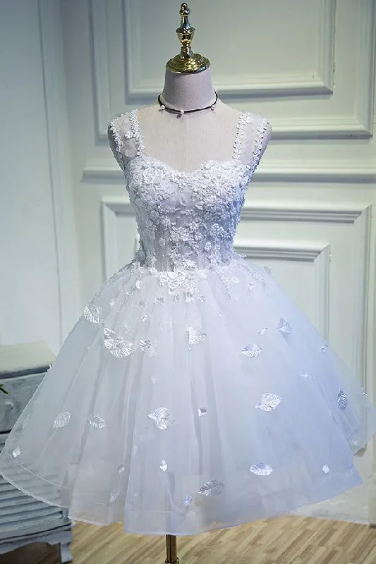 cocktail party dressesSimple Sweetheart White Lace up Beads Lace Appliques Tulle Straps Homecoming Dresses  gh985