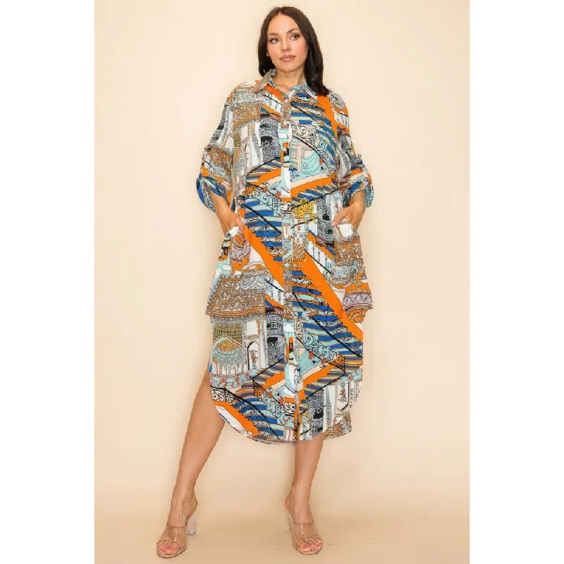 maxi dresses with off-the-shoulder necksLong and Three Quarter Sleeves Multicolor Printed Shirt Dress