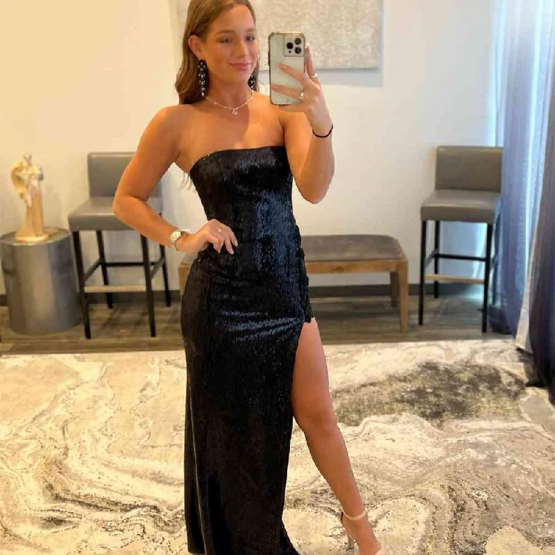 short prom dressesSimple Strapless Long Black Prom Dress with Side Slit gh2569