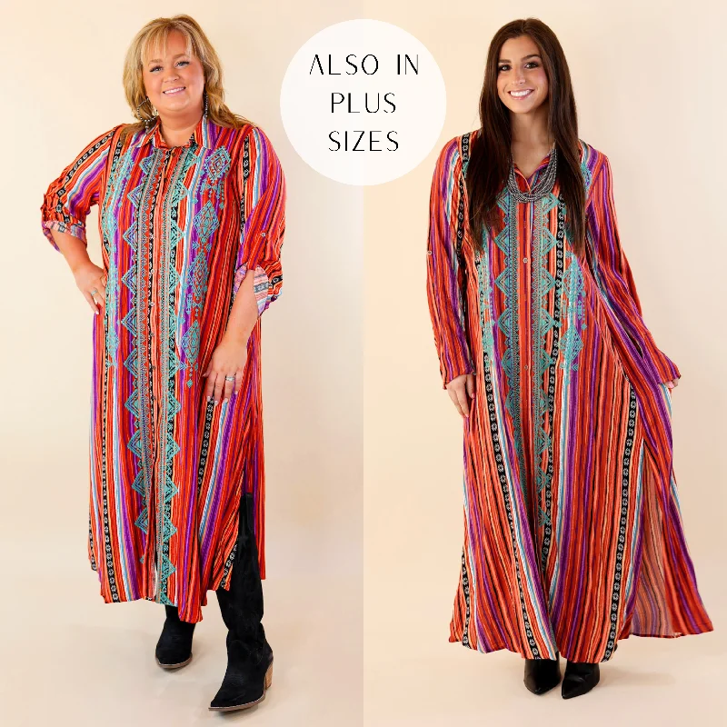 maxi dresses with lace-up detailsI'm All That Long Serape Button Up Dress with Aztec Print Embroidery