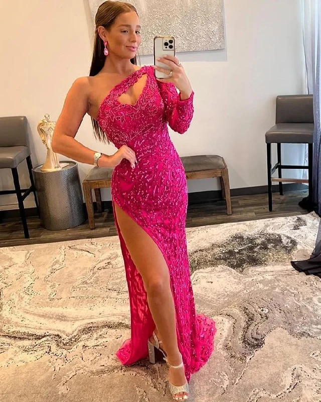 glamorous prom dressesOne Shoulder Fuchsia Beading Lace Mermaid Prom Dress with Long Sleeves gh2589