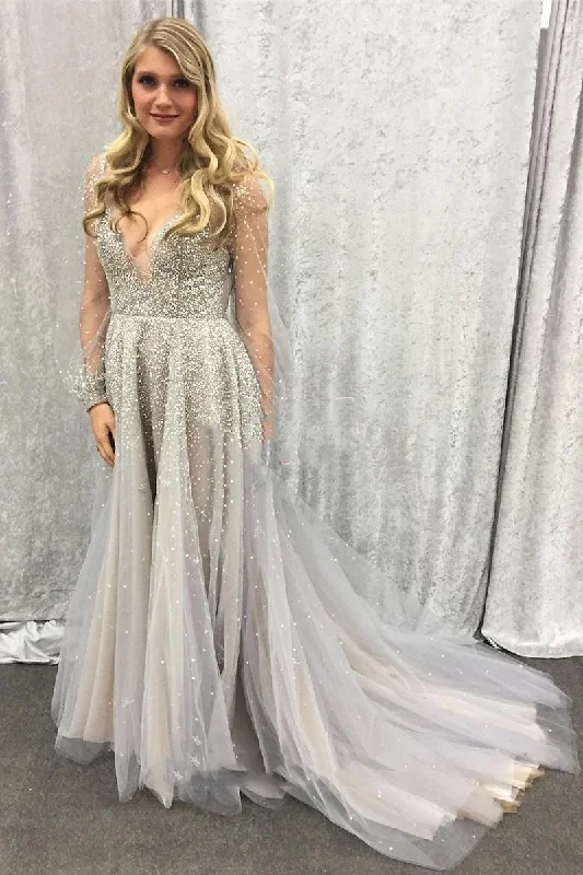 lace-up prom dressesNewly A Line Gray Tulle Long Sleeves See Through Sweetheart Beaded Prom gh2493