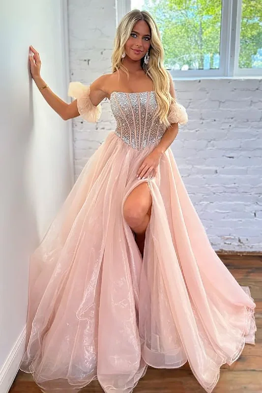 mini prom dressesA Line Strapless Blush Corset Organza Prom Dress gh2686