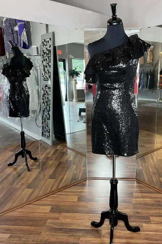 illusion-sleeve party dressesBlack Sequin Ruffled One-Shoulder Short Homecoming Dress gh1233