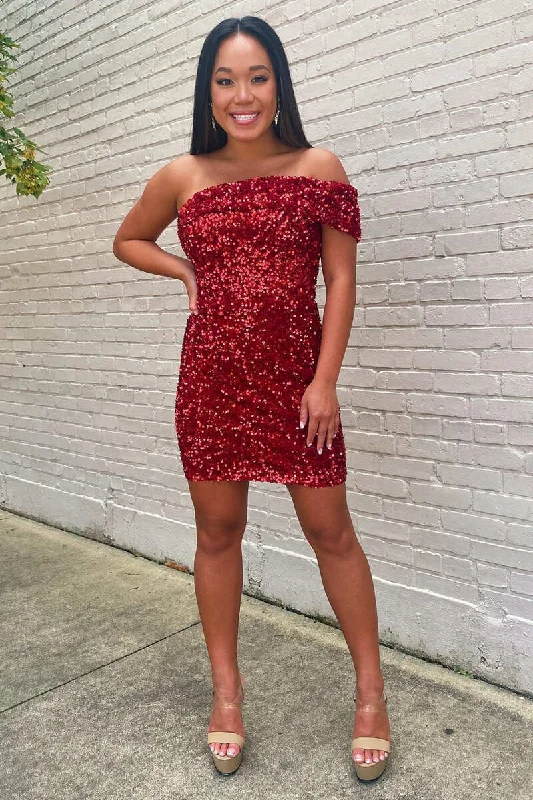 high-low party dressesWine Red Sequin One-Shoulder Short Homecoming Dress gh1237