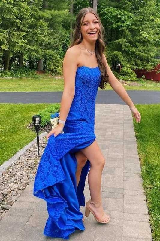 bodycon prom dressesStrapless Royal Blue Lace Prom Dress with Slit gh2916