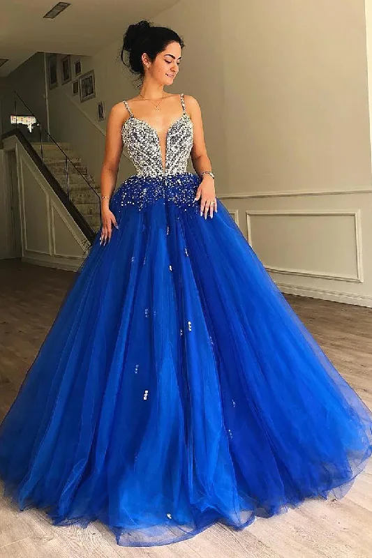 prom dresses with trainsPlunging Neck Royal Blue Ball Gown Prom Dress with Beading gh2477