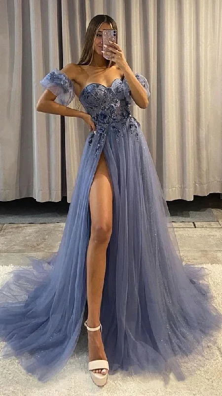 prom dresses for short girlsA-line Sweetheart 3D Appliques Long Prom Dress with Slit gh2636