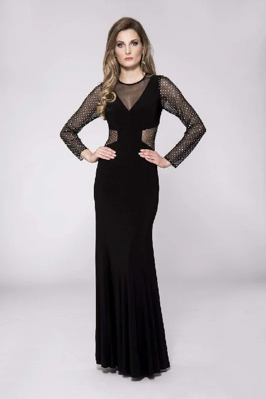 Fashionable Long Sleeves DressCachet - Jewel Studded Illusion Long Sleeve Dress 57535SC