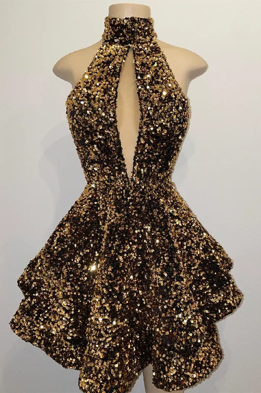 breathable party dressesGold Sequin Halter Keyhole A-Line Short Homecoming Dress  gh1307