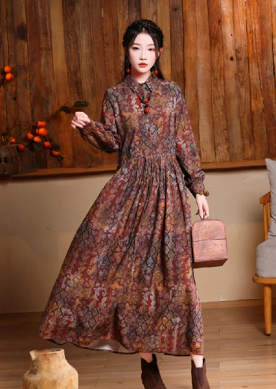 maxi dresses with pockets and sleeveswomen's fashionable printed lapel long dress