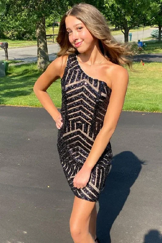 mini party dressesStunning One Shoulder Black Sequins Homecoming Dress  gh1781