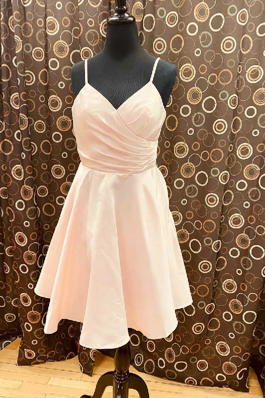 glam party dressesLight Pink V-Neck Backless A-Line Short Homecoming Dress  gh1410