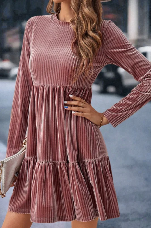 Formal Long Sleeves Lace-Up DressRuffle Hem Round Neck Long Sleeve Dress