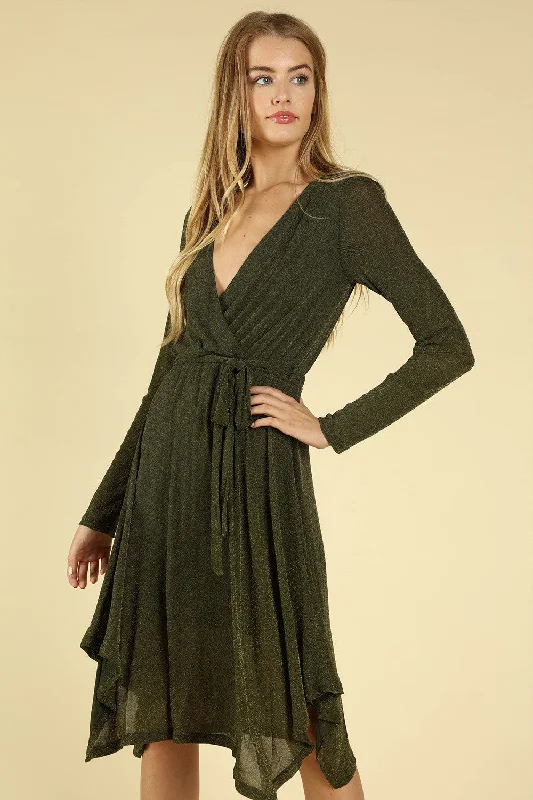 Formal Long Sleeves Cocktail GownShimmering Long Sleeve Wrap Dress, Olive