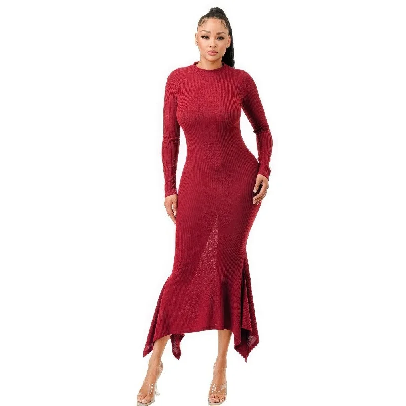 maxi dresses with spaghetti strapsLong Sleeves High Neck Dark Red Soft Faux Wool Long Dress