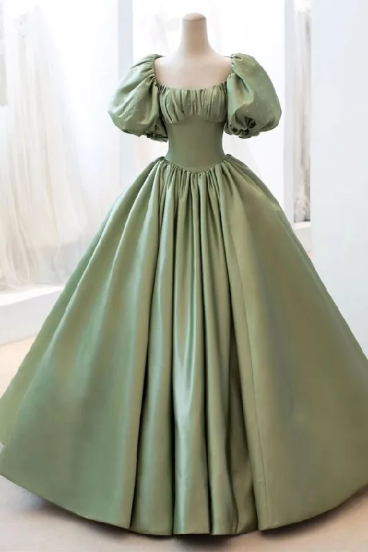 metallic prom dressesGreen Satin Puff Sleeves Long Prom Dress, Green A-Line Formal Dress gh2579