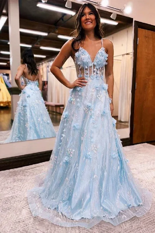 flutter sleeve prom dressesSpaghetti Straps Light Blue 3D Floral Lace V-Neck A-Line Long Prom Dress gh2726