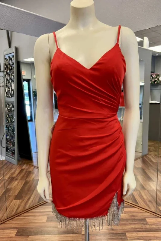 flashy party dressesRed V-Neck Ruched Fringe Short Homecoming Dress gh1283