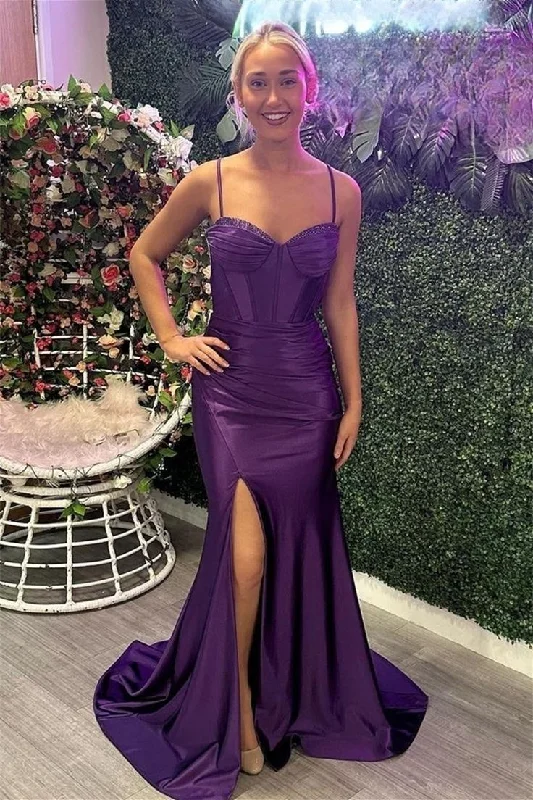 floral prom dressesGrape Mermaid Straps Beaded Satin Long Prom Dress with Slit gh2923