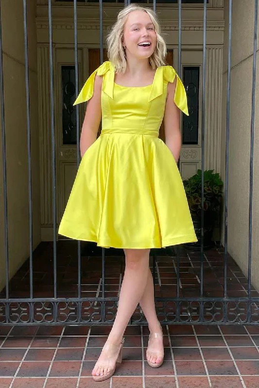 petite party dressesA-Line Yellow Bow-Strap Short Homecoming Dress gh1578